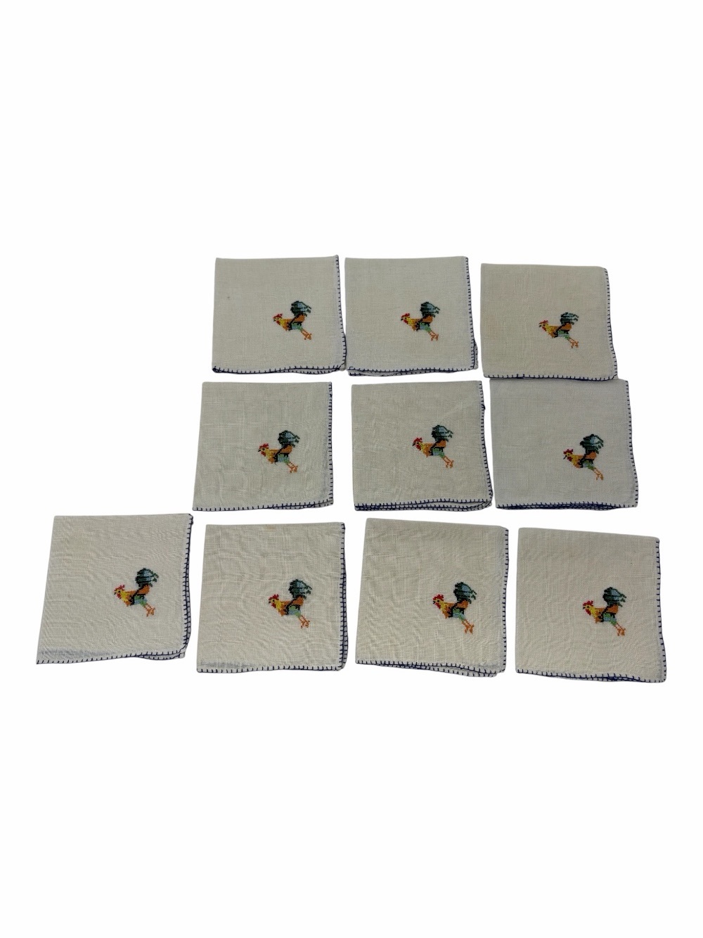 Vintage Hand Embroidered Cocktail Napkins Roosters Colorful NICE Set of 10
